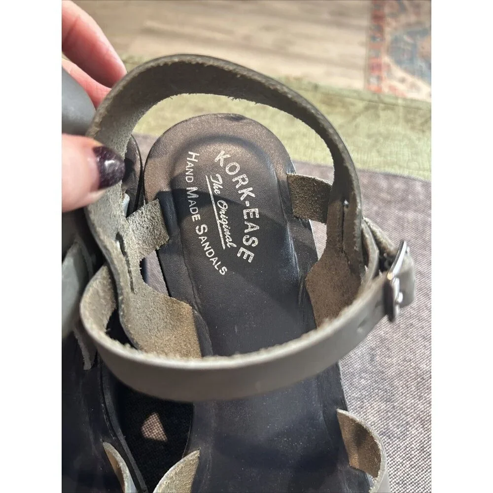 Kork-Ease Leather Wedge Sandals Gray Taupe Ankle Strap Size 8 / 39